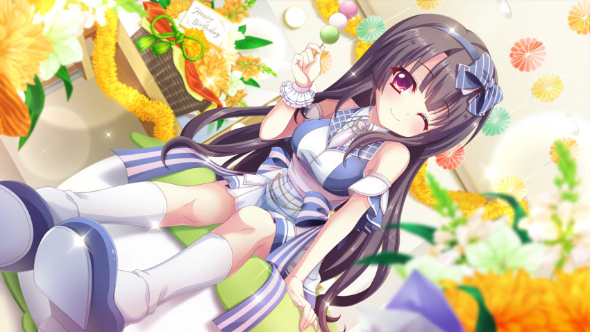 1girl arm_support bare_shoulders birthday birthday_card black_hair blue_bow blue_footwear blue_hairband blurry blurry_foreground bow bow_hairband breasts card ceiling_light closed_mouth dango diagonal-striped_bow dot_nose dress dutch_angle film_grain flower food game_cg hairband happy_birthday holding holding_food ichikishima_mizuha idol idol_clothes indoors izumi_tsubasu knees lens_flare long_hair looking_at_viewer medium_breasts necktie non-web_source official_art one_eye_closed purple_eyes purple_necktie re:stage! sanshoku_dango short_necktie single_wrist_cuff sitting sleeveless sleeveless_dress smile socks solo sparkle straight_hair striped_bow tinsel wagashi waist_bow white_flower white_socks white_wrist_cuffs wicker_basket wrist_cuffs yellow_flower