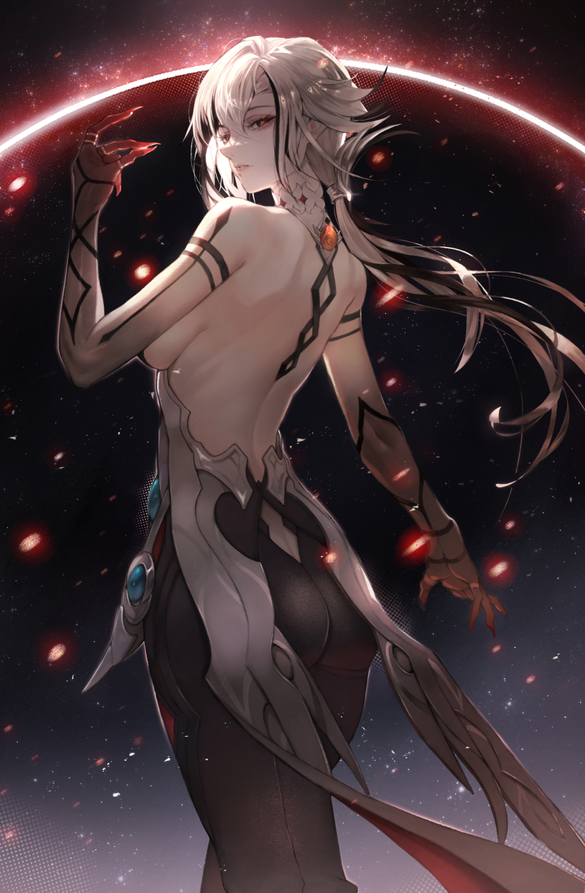 1girl arlecchino_(genshin_impact) arm_tattoo ass backless_outfit bare_back bare_shoulders black_pants butt_crack cowboy_shot genshin_impact highres kisgnuj leggings long_hair looking_at_viewer pants solo standing tattoo thighs very_long_hair white_hair