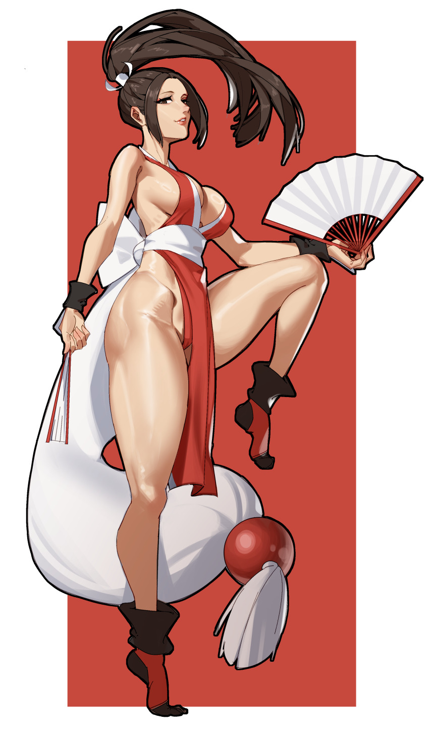 1girl breasts brown_hair cloudy_rain4 fan fatal_fury large_breasts long_hair muscular muscular_female ponytail red_background revealing_clothes shiranui_mai simple_background solo standing standing_on_one_leg tiptoes