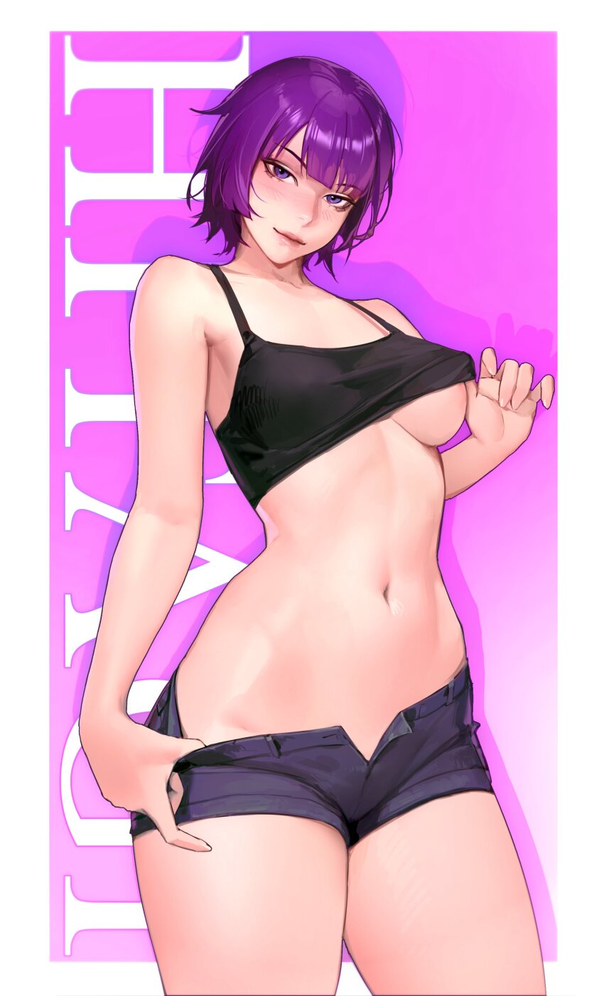 1girl absurdres alternate_costume areola_slip bare_shoulders black_shorts blush border breasts character_name closed_mouth clothes_lift collarbone commentary cowboy_shot eyelashes highres limart lips looking_at_viewer medium_breasts micro_shorts monogatari_(series) navel purple_background purple_eyes purple_hair senjougahara_hitagi shirt_lift short_hair shorts solo thighs white_border