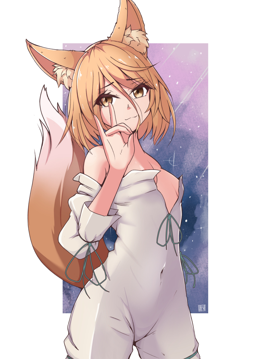 1girl :3 absurdres animal_ear_fluff animal_ears blonde_hair breasts cleavage covered_navel cowboy_shot fox_ears fox_girl fox_shadow_puppet fox_tail green_ribbon hair_between_eyes highres kudamaki_tsukasa looking_at_viewer lykesya open_clothes ribbon romper short_hair short_sleeves simple_background small_breasts smile solo tail touhou white_romper yellow_eyes