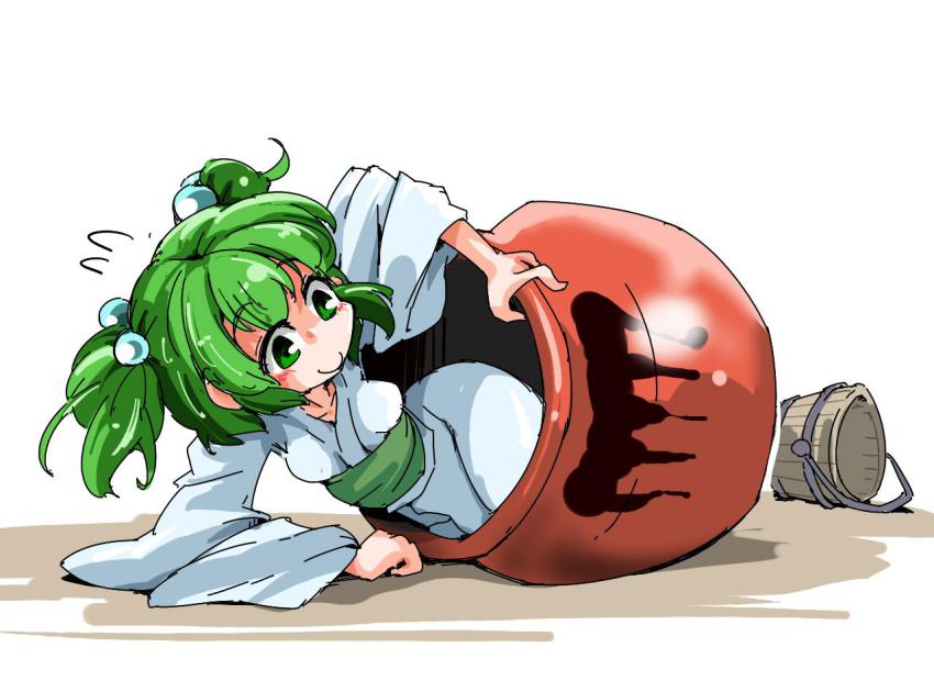 1girl bucket female_focus green_eyes green_hair hair_bobbles hair_ornament in_container kisume matching_hair/eyes pot shinapuu short_hair simple_background smile solo touhou twintails