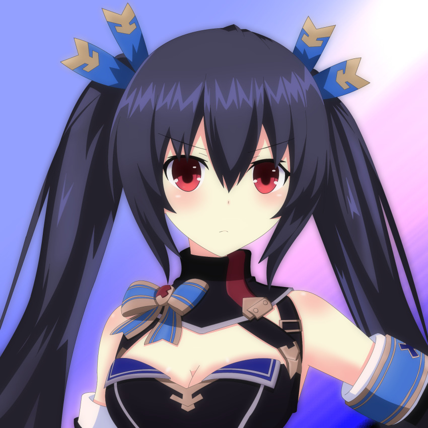 bare_shoulders black_hair breasts brests cleavage dress frown highres long_hair medium_breasts mirroa1015 neptune_(series) noire_(neptunia) purple_background red_eyes ribbon tsundere twintails upper_body very_long_hair vvvtune