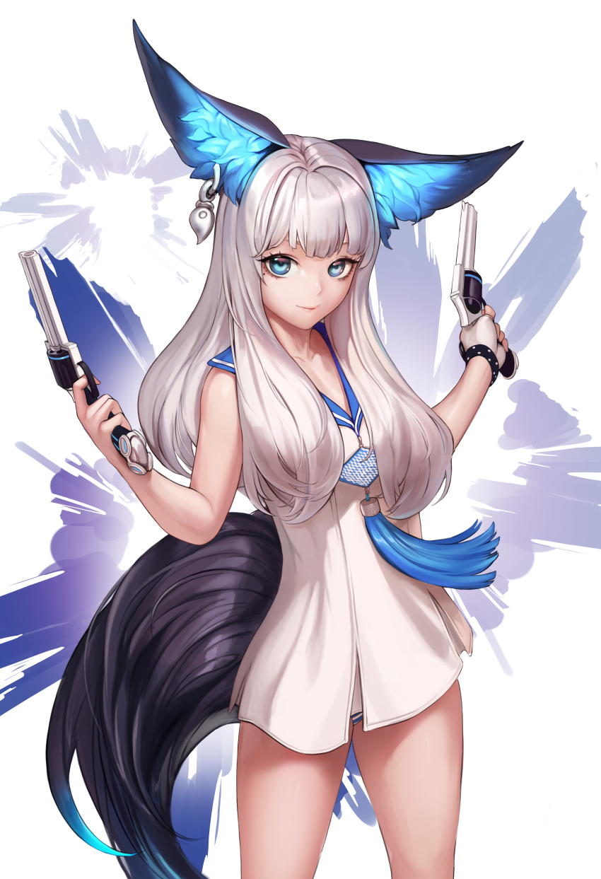 1girl absurdres animal_ear_fluff animal_ears bare_arms bare_shoulders blade_&amp;_soul blue_eyes blue_panties blunt_bangs breasts bullet_hole closed_mouth cowboy_shot dress dual_wielding earrings fingerless_gloves gloves grey_hair gun highres holding holding_gun holding_weapon jewelry lipstick long_hair looking_at_viewer lyn_(blade_&amp;_soul) makeup medium_breasts mole mole_under_eye monaim panties pantyshot pink_lips short_dress single_glove sleeveless sleeveless_dress smile solo standing straight_hair striped_clothes striped_panties tail underwear upskirt very_long_hair weapon white_background white_dress white_gloves