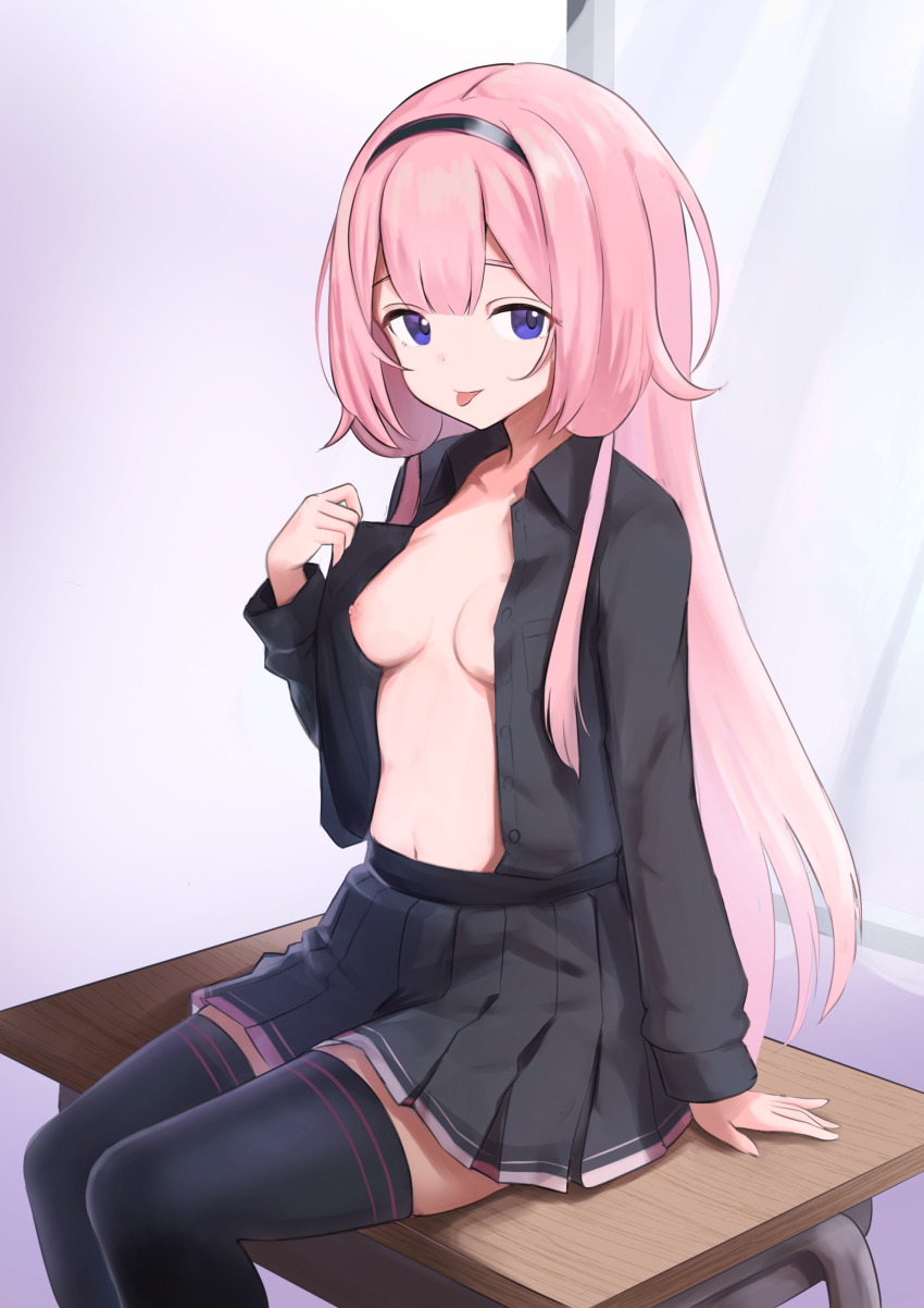 1girl :p absurdres black_footwear black_hairband black_shirt black_skirt black_thighhighs blue_eyes breasts clothes_lift desk feet_out_of_frame file_mei_naraku hairband highres long_hair long_sleeves looking_at_viewer navel nijisanji nipples on_desk open_clothes open_shirt school_desk shirt shirt_lift sitting skirt small_breasts solo suo_sango thighhighs tongue tongue_out very_long_hair virtual_youtuber zettai_ryouiki