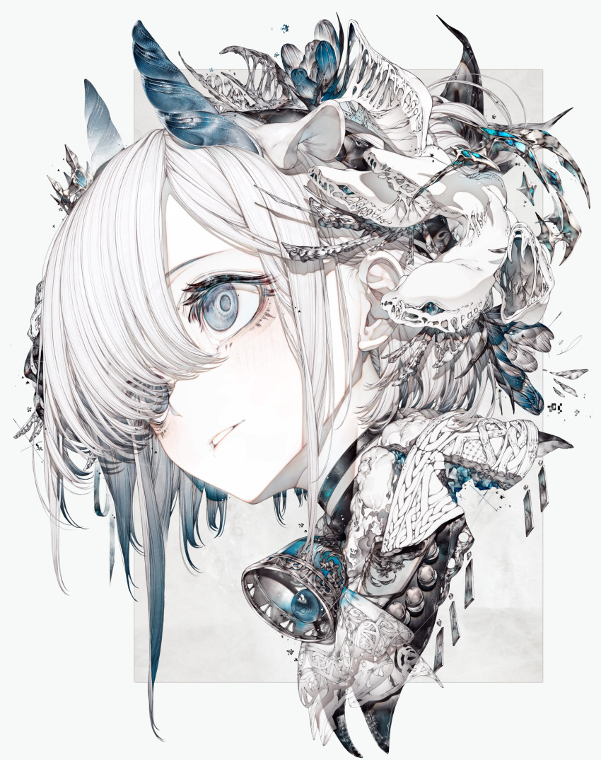 1girl bell blue_eyes hair_over_one_eye highres hito_komoru horns neck_bell original parted_lips portrait snake solo white_background white_hair