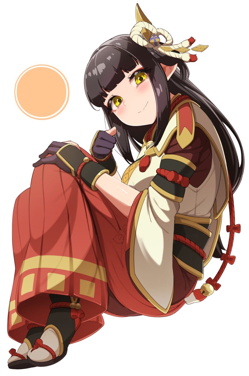 1girl black_gloves black_hair blush commentary_request eyeshadow gloves hair_ornament half_gloves highres hinoa invisible_chair japanese_clothes long_hair looking_at_viewer makeup mocha_mh monster_hunter_(series) monster_hunter_rise pointy_ears red_eyeshadow red_skirt simple_background sitting skirt smile solo white_background yellow_eyes