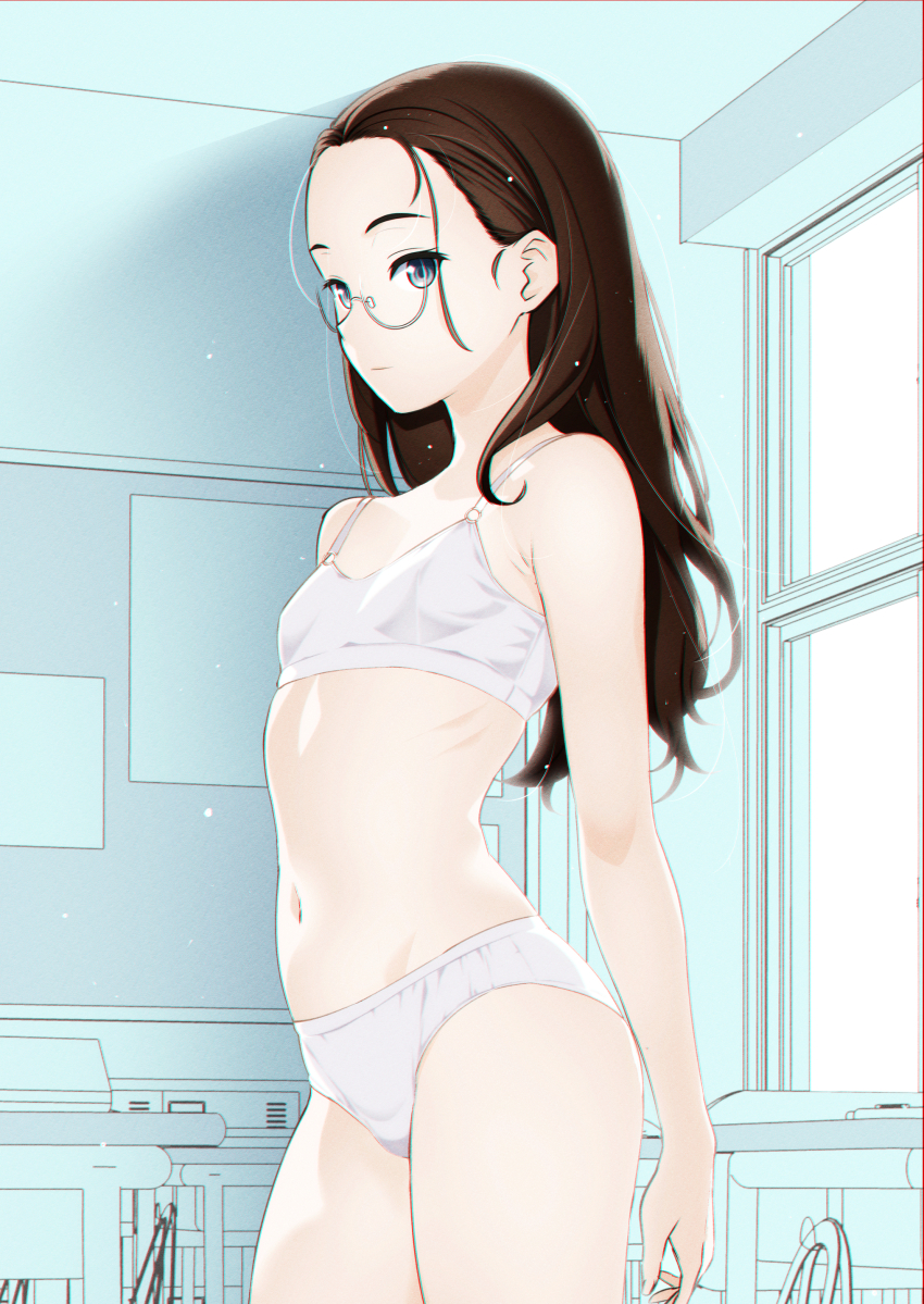 1girl absurdres blue_eyes bra breasts brown_hair classroom cowboy_shot forehead from_side glasses highres indoors long_hair looking_at_viewer moonsorrow original panties ribs small_breasts solo standing underwear underwear_only white_bra white_panties