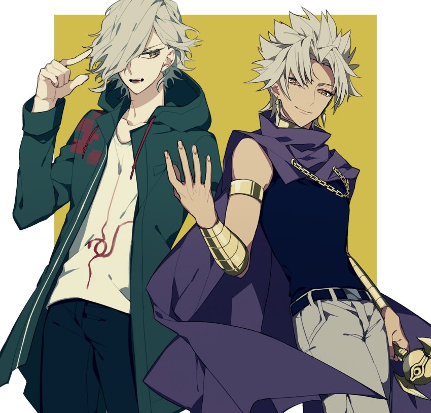 2boys amakusa_shirou_(fate) cape cosplay creator_connection danganronpa_(series) dark_skin dark-skinned_male edmond_dantes_(fate) fang fate/apocrypha fate/grand_order fate_(series) hair_over_one_eye highres hood jewelry komaeda_nagito komaeda_nagito_(cosplay) look-alike looking_at_another looking_at_viewer male_focus multiple_boys ponytail shirt short_hair grey_eyes simple_background smile danganronpa_2:_goodbye_despair syubare yami_bakura yami_marik yami_marik_(cosplay) yellow_eyes yu-gi-oh!