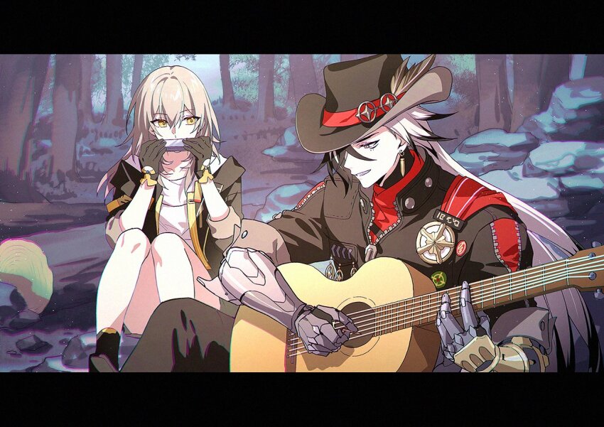 1boy 1girl acoustic_guitar black_coat black_eyes black_gloves black_hair black_hat black_jacket black_socks blurry blurry_background boothill_(honkai:_star_rail) bullet_earrings chromatic_aberration coat collarbone cowboy_hat cropped_jacket crossed_bangs cyborg earrings forest gloves gold_earrings grey_hair grin guitar hair_over_one_eye harmonica hashtag-only_commentary hat hat_feather holding holding_guitar holding_instrument honkai:_star_rail honkai_(series) hood hood_down hooded_coat instrument jacket jewelry kangetsu_(fhalei) knees_up letterboxed light_particles log long_hair mole mole_under_eye multicolored_hair music nature on_ground one_eye_covered open_clothes open_coat outdoors parted_bangs playing_guitar playing_instrument red_pupils rock sharp_teeth sheriff_badge shirt short_sleeves sitting sleeves_rolled_up smile socks stelle_(honkai:_star_rail) streaked_hair teeth trailblazer_(honkai:_star_rail) tree very_long_hair white_hair white_shirt yellow_eyes zipper zipper_pull_tab