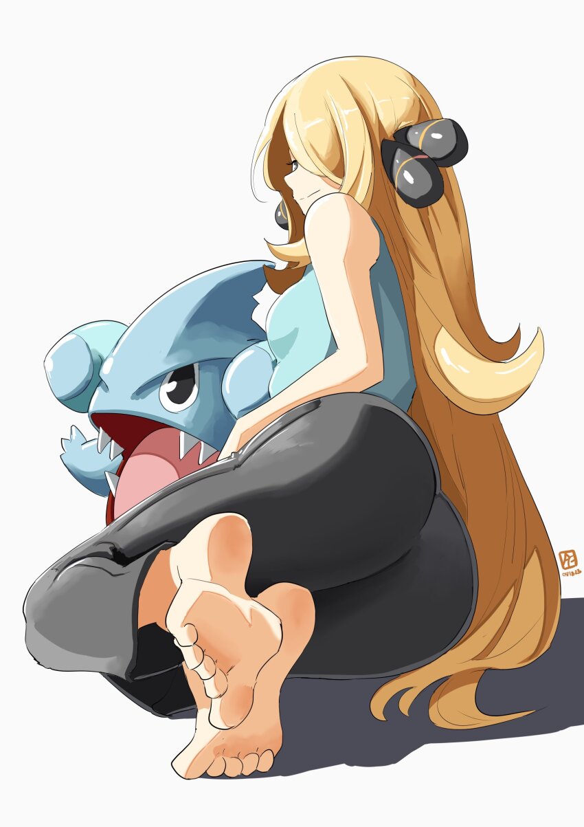 1girl artist_logo ass automatic_giraffe barefoot black_pants blonde_hair blue_shirt breasts closed_mouth creatures_(company) cynthia_(pokemon) full_body game_freak gen_4_pokemon gible grey_eyes hair_ornament hair_over_one_eye highres logo long_hair lying medium_breasts nintendo on_side pants pokemon pokemon_(anime) pokemon_(creature) pokemon_bw_(anime) shirt sleeveless sleeveless_shirt smile toes very_long_hair