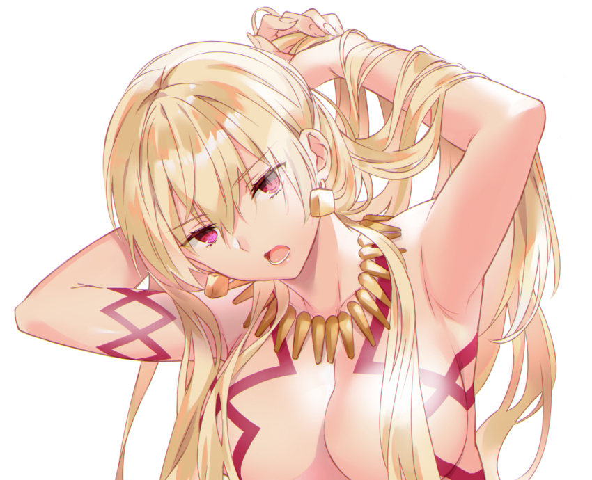 1girl armpits blonde_hair breasts cleavage collarbone fate/grand_order fate_(series) genderswap genderswap_(mtf) gilgamesh-ko gilgamesh_(fate) hair_between_eyes hair_censor hair_over_breasts hands_in_hair hipo long_hair medium_breasts nude open_mouth red_eyes simple_background solo tying_hair upper_body very_long_hair white_background