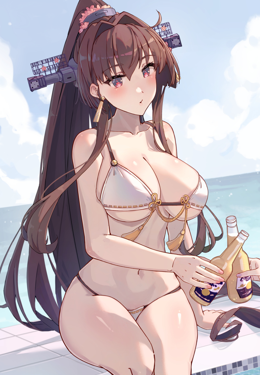 1girl alternate_costume bikini blue_sky bottle breasts brown_hair cherry_blossoms day earrings flower hair_flower hair_intakes hair_ornament headgear highres himeyamato holding holding_bottle jewelry kantai_collection large_breasts long_hair navel oil-paper_umbrella outdoors ponytail red_eyes sidelocks sitting sky solo_focus swimsuit umbrella very_long_hair white_bikini yamato_(kancolle) yamato_kai_ni_(kancolle)