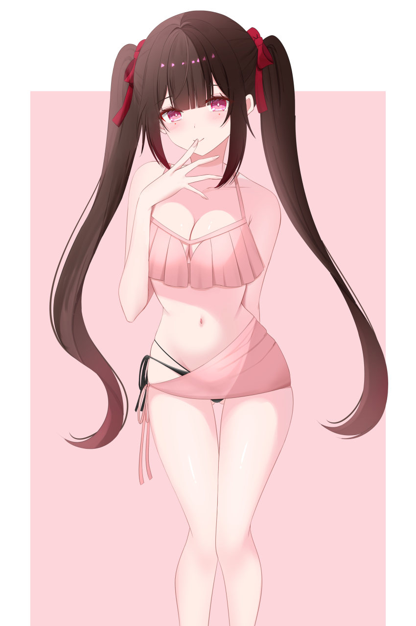 1girl absurdres alternate_breast_size bikini black_bikini blush breasts brown_hair cleavage cleavage_cutout closed_mouth clothing_cutout eyebrows_hidden_by_hair finger_to_mouth gluteal_fold hair_between_eyes hair_ribbon highres honkai:_star_rail honkai_(series) large_breasts looking_at_viewer mole mole_under_each_eye mole_under_eye multiple_moles navel pink_eyes pink_sarong pink_top red_ribbon ribbon sarong simple_background smile solo sparkle_(honkai:_star_rail) stomach swimsuit twintails user_yrgt4435