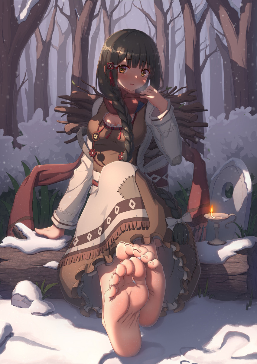 1girl absurdres barefoot braid branch breasts brown_eyes cleavage feet highres kafei_ji light_blush log long_hair looking_at_viewer medium_breasts parted_lips scarf sitting snow soles solo toes tree very_long_hair