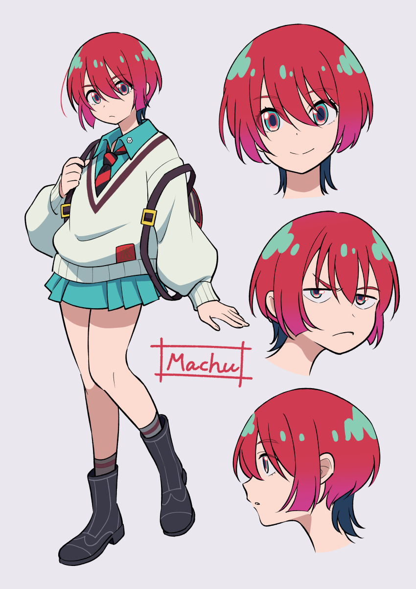 1girl amate_yuzuriha aqua_eyes gundam gundam_gquuuuuux hair_between_eyes multiple_views necktie pleated_skirt red_hair shirt_under_sweater short_hair skirt solo sweater