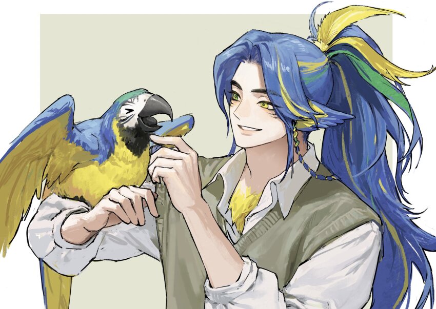 &gt;_&lt; 1boy animal_on_arm arm_up beak bird bird_boy bird_on_arm blue-and-yellow_macaw blue_hair border chest_hair collared_shirt facial_mark feather_hair_ornament feathers hair_intakes hair_ornament head_wings highres i_monos long_sleeves looking_at_animal macaw male_focus multicolored_hair open_collar open_mouth original parrot shirt smile solo streaked_hair sweater_vest teeth tongue upper_body white_border wing_collar wings yellow_eyes yellow_feathers