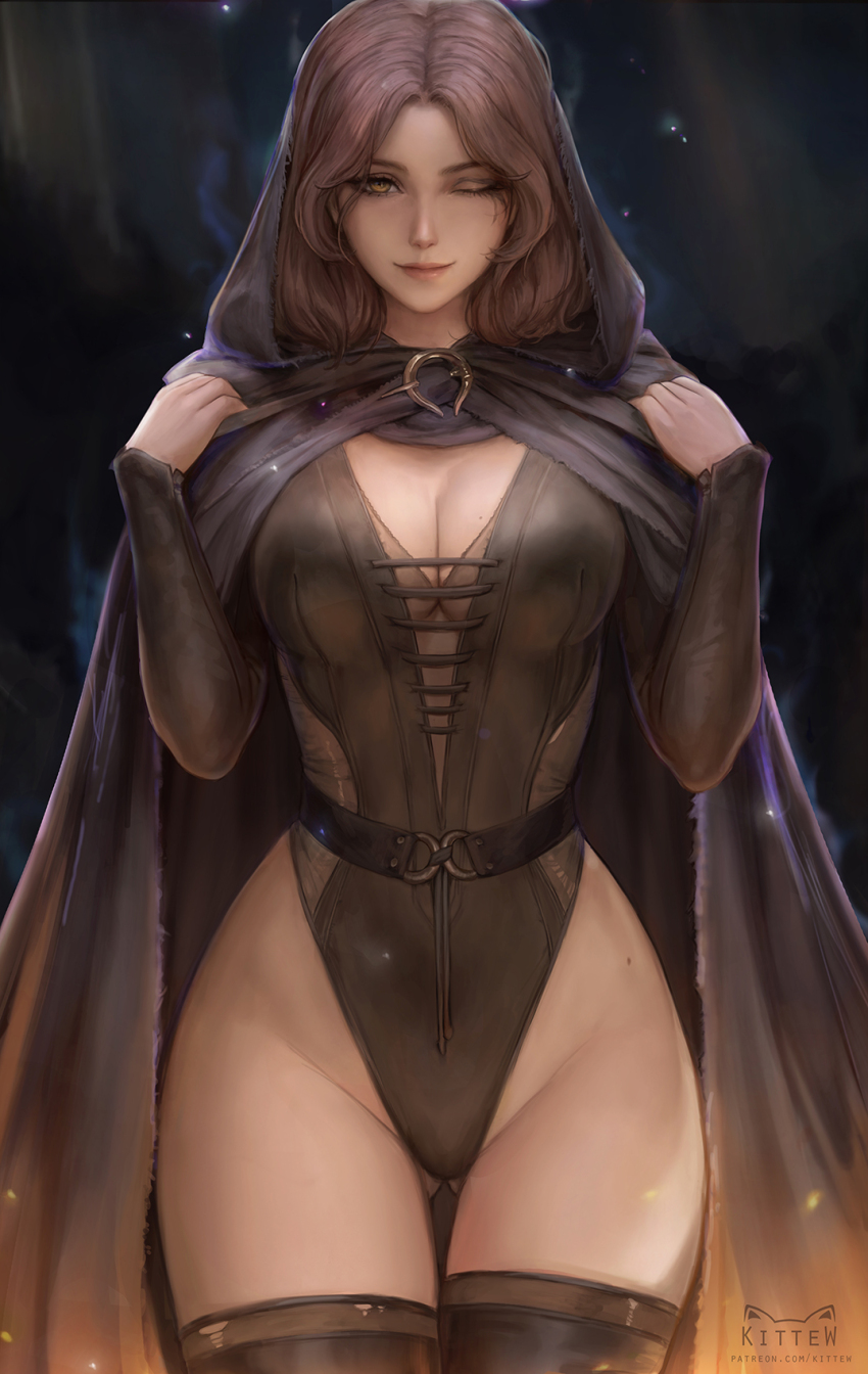 1girl adapted_costume artist_logo black_cloak breasts brown_eyes brown_hair cleavage cloak elden_ring facial_tattoo gluteal_fold highleg highleg_leotard highres hood hooded_cloak kittew large_breasts leotard looking_at_viewer medium_hair melina_(elden_ring) mole mole_on_body one_eye_closed smile solo standing subtitled tattoo thigh_gap thighhighs wide_hips