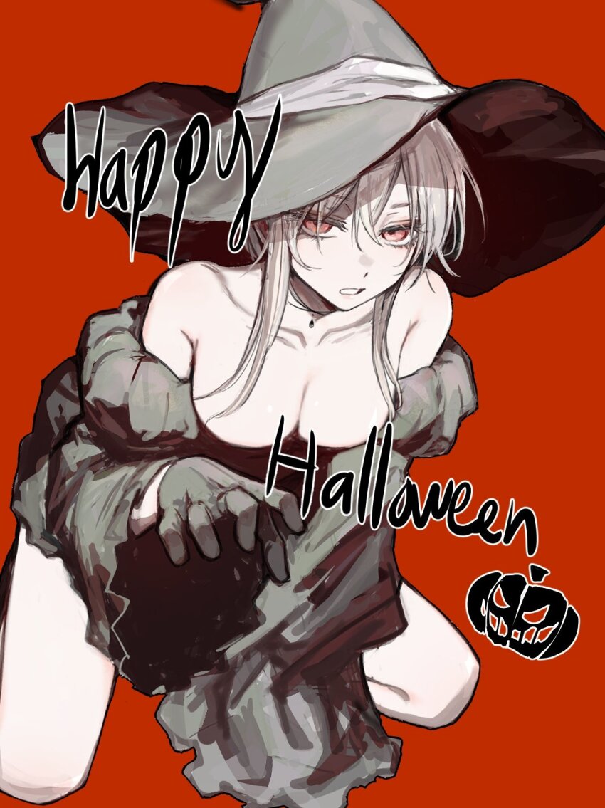 bare_shoulders black_gloves breasts cleavage frills gloves grey_hair happy_halloween hat highres jewelry kneeling long_hair looking_at_viewer necklace off_shoulder original pale_skin parted_lips puffy_sleeves sitting spread_legs tsu_(lovesick1964) witch witch_hat