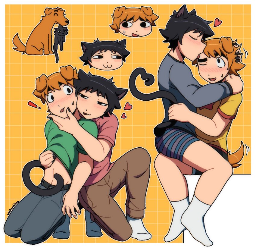 2boys animal_ears animalization black_hair blush border cat cat_boy cat_ears cat_tail clothes_lift commentary dog dog_boy dog_ears dog_tail english_commentary flustered heart highres jitome kemonomimi_mode licking licking_another&#039;s_face male_focus multiple_boys orange_hair scott_pilgrim scott_pilgrim_(series) shirt_lift short_hair sitting sitting_on_lap sitting_on_person smug surprised tail tail_wagging tongue tongue_out wallace_wells warambling white_border yaoi