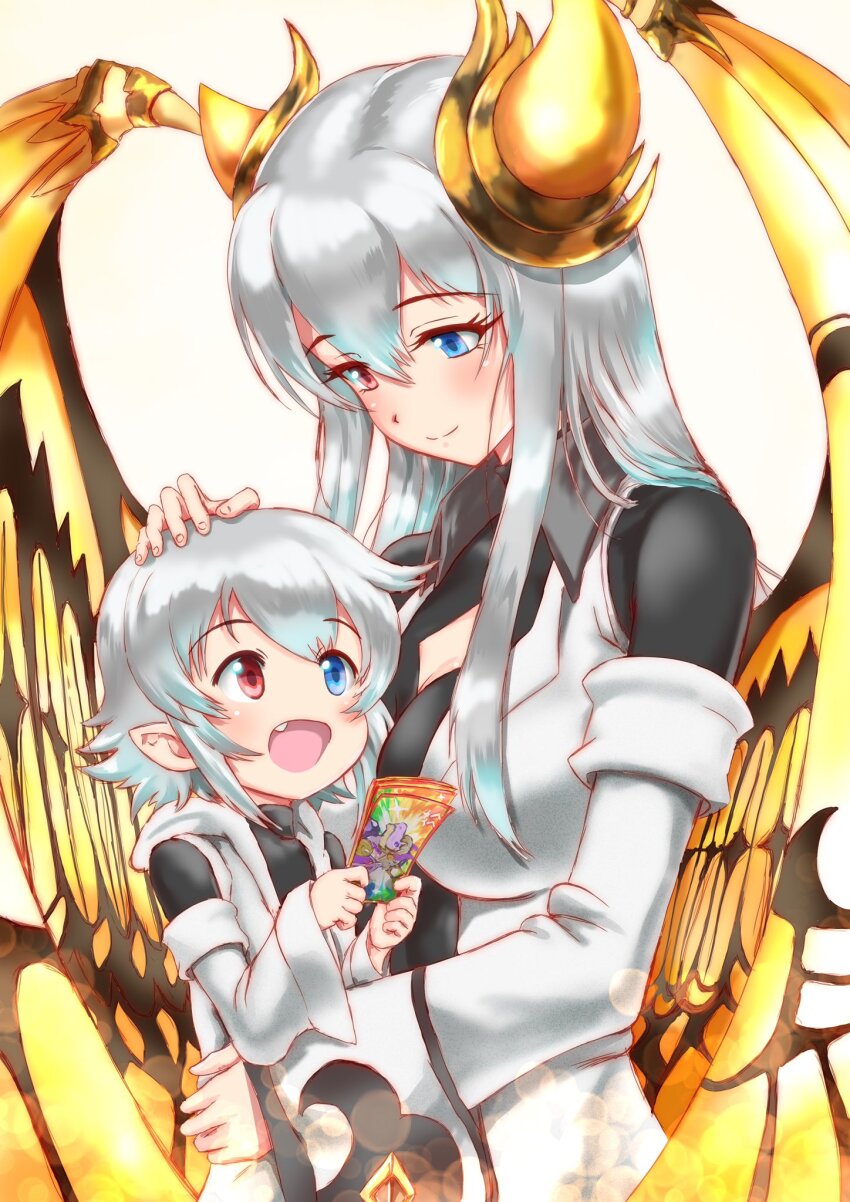 1boy 1girl arachangram18 artura_(p&amp;d) blue_eyes breasts dragon_girl dragon_horns dragon_wings fang golden_wings hair_between_eyes headpat heterochromia highres horns ideal_(p&amp;d) long_hair mother_and_son open_mouth pointy_ears puzzle_&amp;_dragons red_eyes short_hair smile ticket very_long_hair white_hair wings