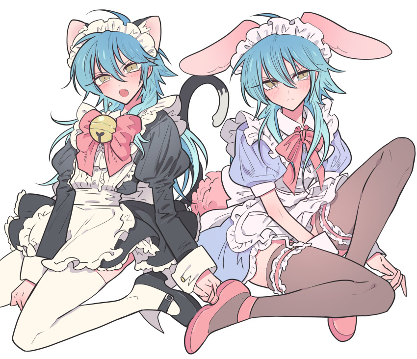 1boy alternate_costume animal_ears apron bell black_dress blue_dress blue_hair bow bowtie cat_ears cat_tail crossdressing dramatical_murder dress enmaided frilled_apron frilled_dress frills full_body hair_between_eyes highres jingle_bell juliet_sleeves kemonomimi_mode knee_up long_hair long_sleeves looking_at_viewer maid maid_apron maid_headdress male_focus male_maid meremero multiple_views open_mouth pink_bow pink_bowtie pink_footwear puffy_short_sleeves puffy_sleeves rabbit_ears rabbit_tail seragaki_aoba shoes short_sleeves simple_background sitting tail thighhighs white_apron white_background white_thighhighs wrist_cuffs yellow_eyes