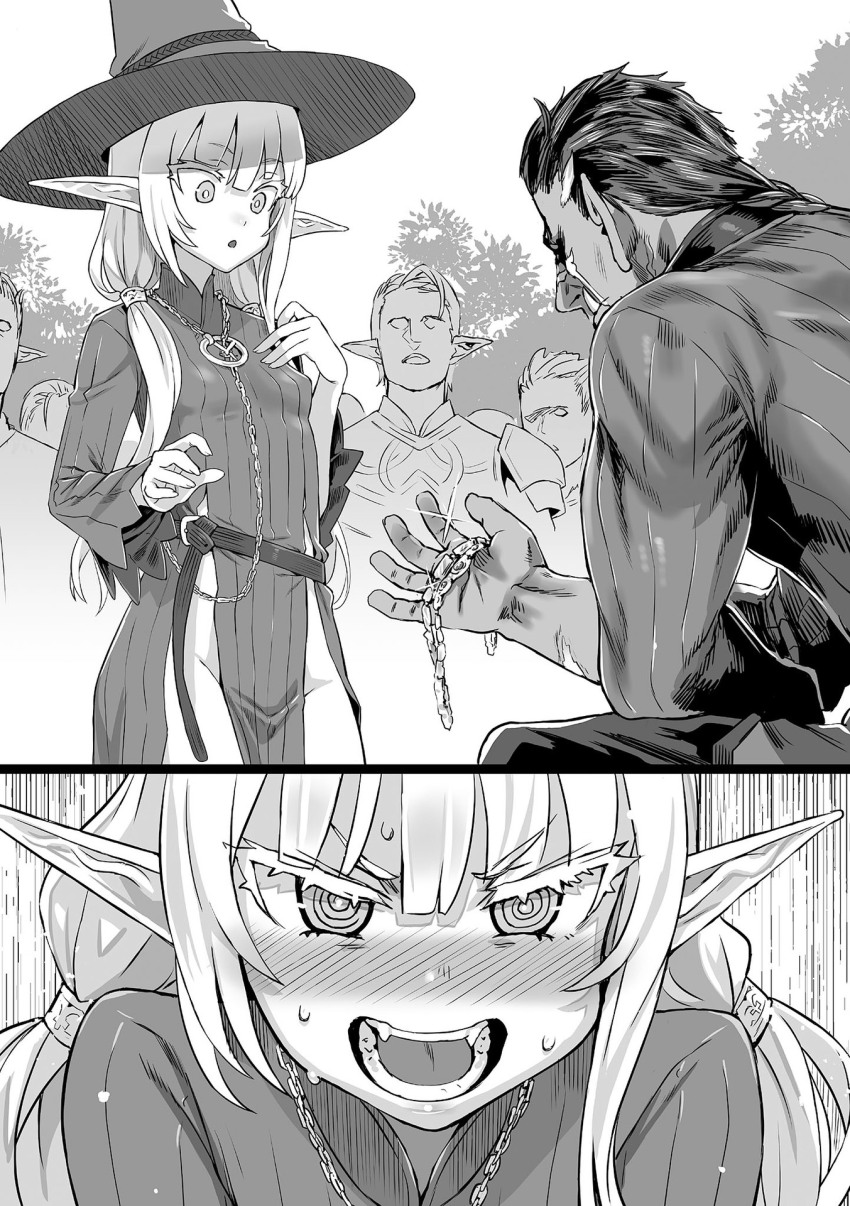 1boy 1girl asanagi bash_(orc_eiyuu_monogatari) blush crowd dress elf greyscale hat highres holding holding_jewelry holding_necklace jewelry kneeling long_hair long_pointy_ears low_twintails marriage_proposal monochrome necklace no_panties novel_illustration official_art orc orc_eiyuu_monogatari outdoors pointy_ears sweatdrop thunder_sonia tusks twintails witch_hat