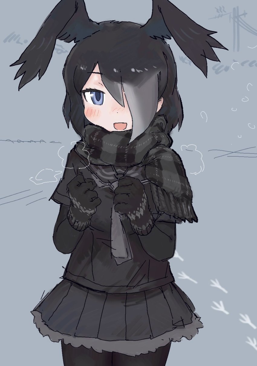 1girl adapted_costume bird_girl bird_wings black_gloves black_hair black_pantyhose black_scarf black_shirt black_skirt blue_eyes breath commentary_request elbow_gloves fur_trim gloves grey_fur grey_hair grey_necktie hair_over_one_eye head_wings highres jungle_crow_(kemono_friends) kemono_friends multicolored_hair necktie pantyhose plaid_clothes plaid_scarf pleated_skirt sailor_collar scarf shirt short_sleeves skirt solo toxicnyannyan wings winter winter_clothes