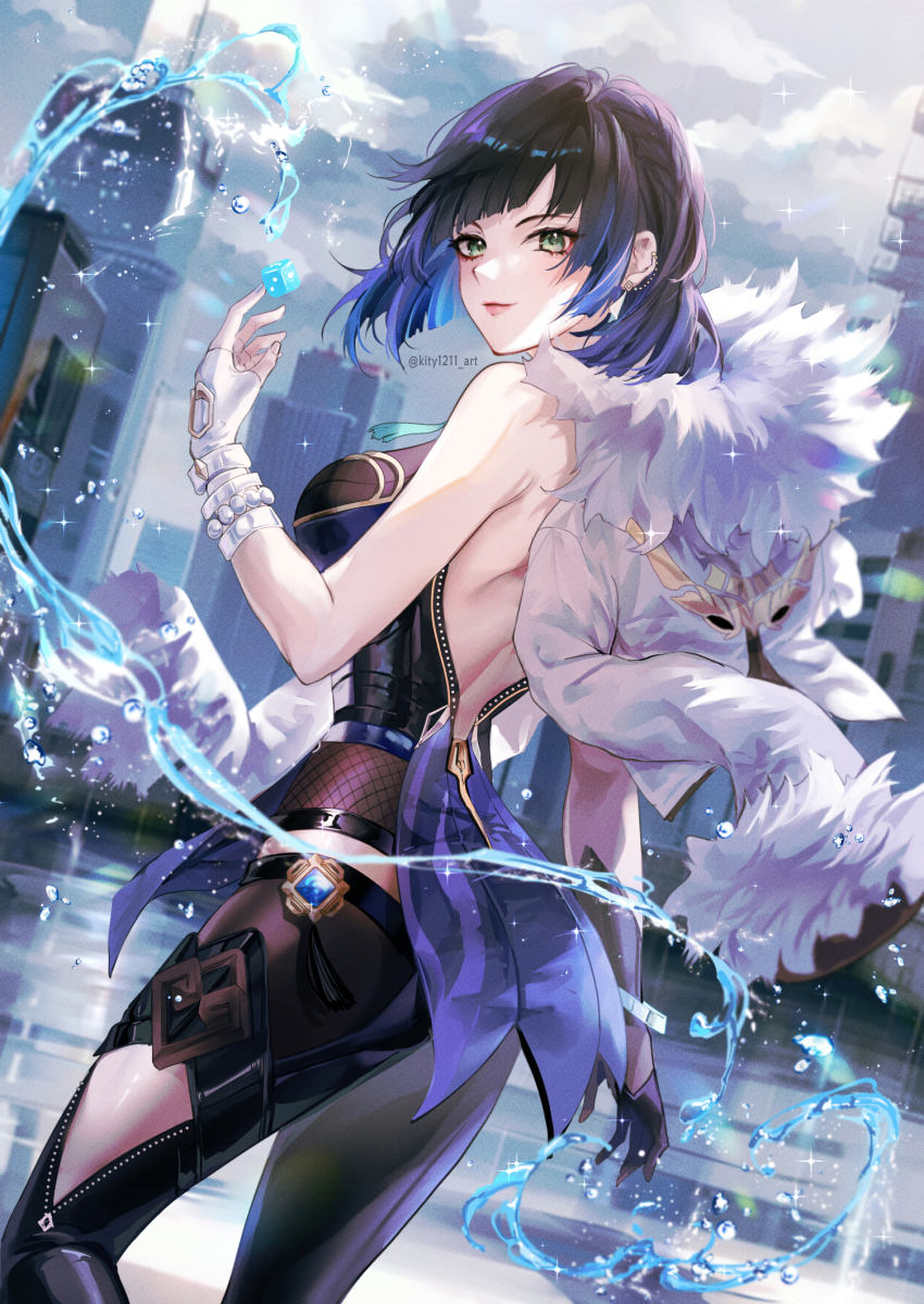 1girl asymmetrical_gloves bare_shoulders blue_hair bob_cut breasts building city closed_mouth cloud cloudy_sky commentary_request cowboy_shot dice dutch_angle fingerless_gloves from_behind fur-trimmed_jacket fur_trim genshin_impact gloves green_eyes hand_up highres hydro_symbol_(genshin_impact) hydrokinesis jacket jacket_on_shoulders kity1211_tetsu large_breasts looking_at_viewer mismatched_gloves outdoors short_hair sky skyscraper solo twitter_username vision_(genshin_impact) water white_gloves white_jacket yelan_(genshin_impact)