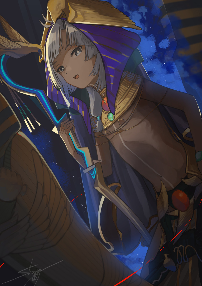 1boy absurdres ancient_egyptian_clothes commentary_request dark-skinned_male dark_skin fate/grand_order fate_(series) grey_eyes grey_hair highres holding holding_staff jewelry looking_at_viewer male_focus shaggy_(user_mpum7284) short_hair solo staff topless topless_male tutankhamun_(fate) usekh_collar