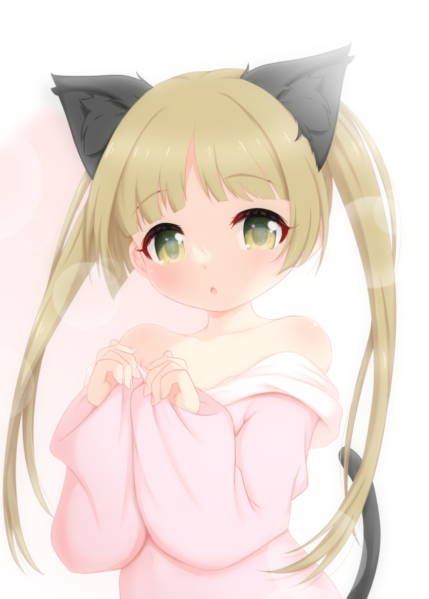 1girl :o animal_ear_fluff bare_shoulders blunt_bangs blush cat_girl cat_tail child female_focus green_eyes highres hood hoodie hosizora_mikoto idolmaster idolmaster_cinderella_girls idolmaster_cinderella_girls_u149 light_brown_hair long_hair looking_at_viewer off_shoulder open_mouth pink_hoodie ribbon solo tail twintails yokoyama_chika