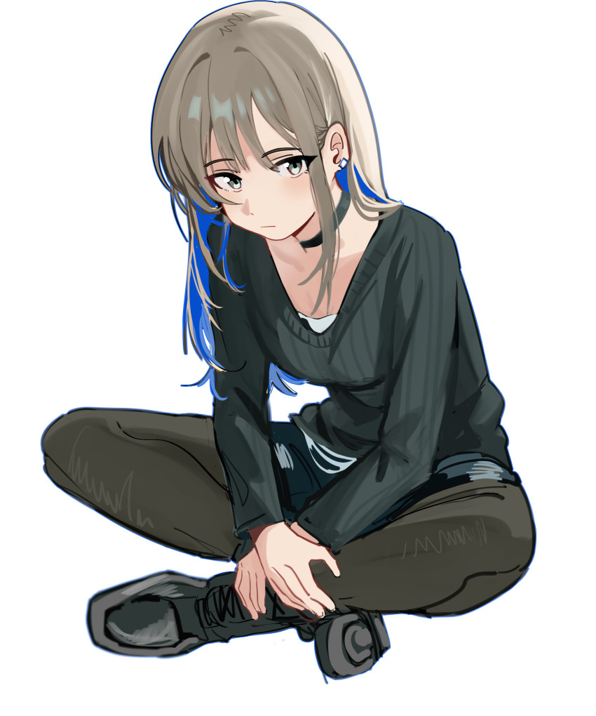 1girl absurdres alternate_hair_color black_choker black_footwear black_pantyhose black_sweater blue_hair blue_shorts choker closed_mouth colored_inner_hair commentary crossed_legs earclip girls_band_cry grey_eyes grey_hair haidao_mao highres kawaragi_momoka long_hair long_sleeves looking_at_viewer multicolored_hair pantyhose shorts simple_background sitting solo sweater white_background