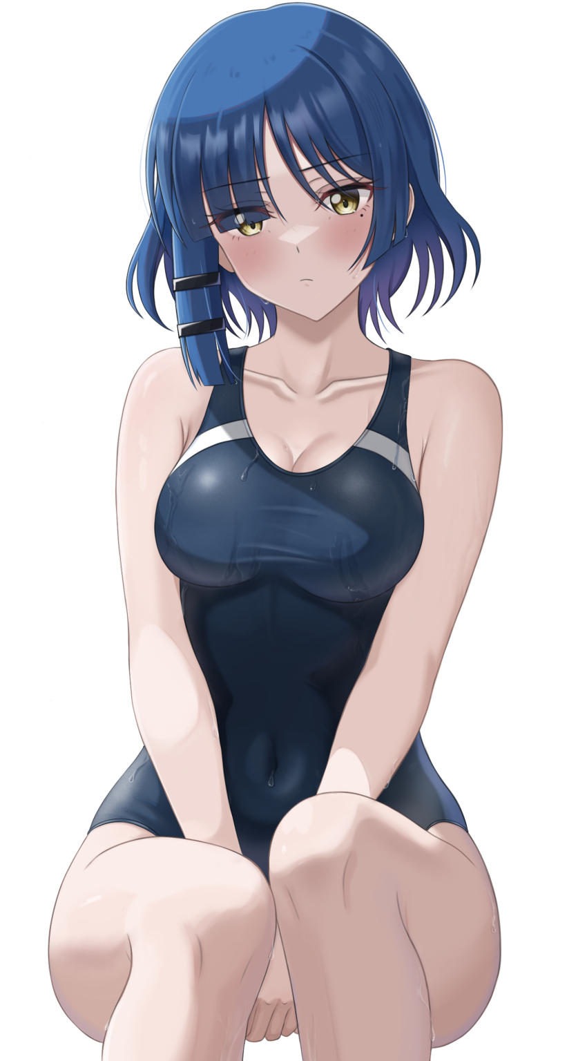 1girl absurdres asymmetrical_bangs asymmetrical_sidelocks between_legs blue_hair blue_one-piece_swimsuit blush bocchi_the_rock! breasts cleavage closed_mouth collarbone commentary_request covered_navel hair_ornament hand_between_legs highres invisible_chair looking_at_viewer makise_(mix020511) medium_breasts mole mole_under_eye one-piece_swimsuit short_hair sitting solo swimsuit yamada_ryo yellow_eyes