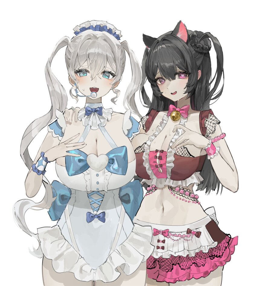 2girls animal_ears apron bikini black_hair blue_bow blue_bowtie bow bowtie breasts bxlm08 cat_ears cat_girl cleavage extra_ears frilled_leotard frilled_skirt frills heart heart-shaped_pupils highres huge_breasts large_breasts leotard maid maid_bikini maid_headdress midriff multiple_girls navel open_mouth original skirt swimsuit symbol-shaped_pupils twintails unconventional_maid white_hair white_leotard