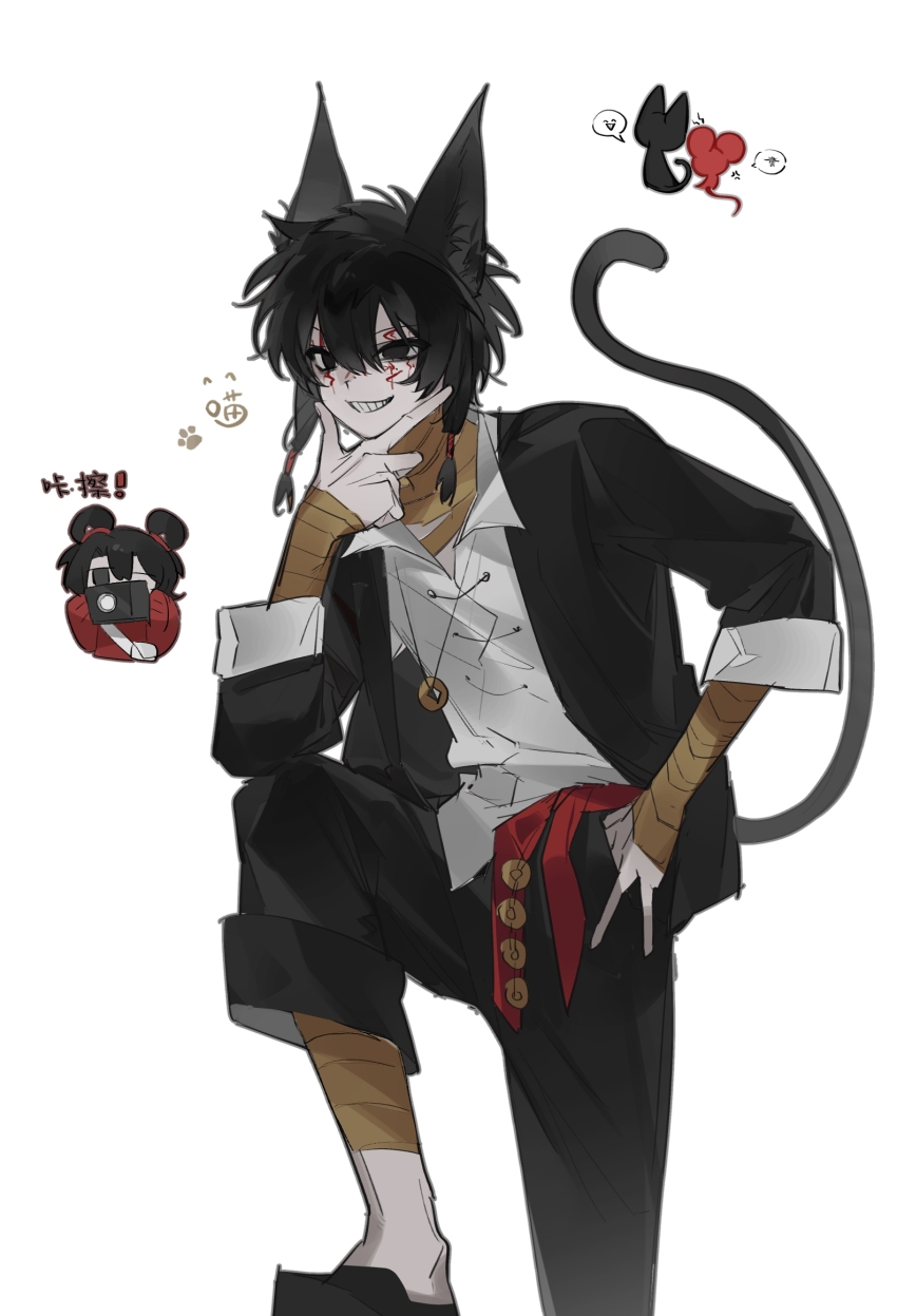 1boy 1girl animal_ears animalization bandaged_arm bandaged_leg bandaged_neck bandages black_eyes black_hair black_jacket black_pants cat cat_boy cat_ears cat_tail chibi chibi_inset chinese_commentary collared_shirt commentary_request dice156 facepaint foot_up grin hair_rings hand_in_pocket hand_on_own_chin highres jacket kemonomimi_mode li_yuting_(female) li_yuting_(mouse) long_sleeves mouse_(animal) open_clothes open_collar open_jacket pants red_shirt shirt short_hair simple_background smile tail touqi_guaitan white_background white_bag white_shirt ziche_fuzhao