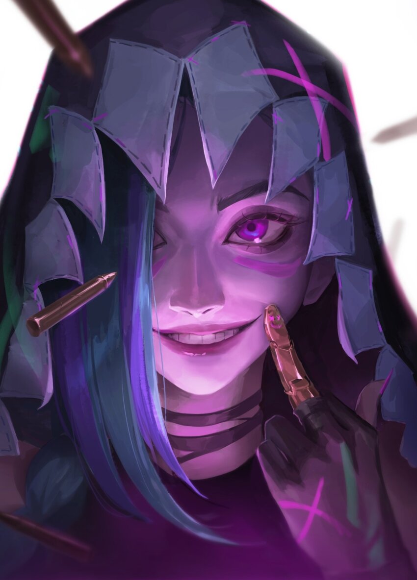 1girl arcane:_league_of_legends arcane_jinx black_choker black_gloves bullet choker fingerless_gloves gloves green_hair grin highres hood hood_up jinx_(league_of_legends) league_of_legends middle_finger multicolored_hair pink_eyes pink_hair pink_lips portrait smile syami_(choiimi) teeth two-tone_hair white_background