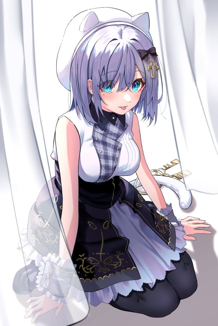 1girl :p amopui animal_ear_headwear black_bow black_legwear black_skirt blue_eyes blush bow buttons cat_tail collared_shirt commentary cross curtains fake_animal_ears full_body grey_hair hair_bow high-waist_skirt highres kaga_sumire key charm_(object) keyring latin_cross looking_at_viewer lupinus_virtual_games medium_hair shirt simple_background sitting skirt sleeveless sleeveless_shirt solo tail tongue tongue_out virtual_youtuber vspo! wariza white_background white_headwear white_shirt wrist_cuffs