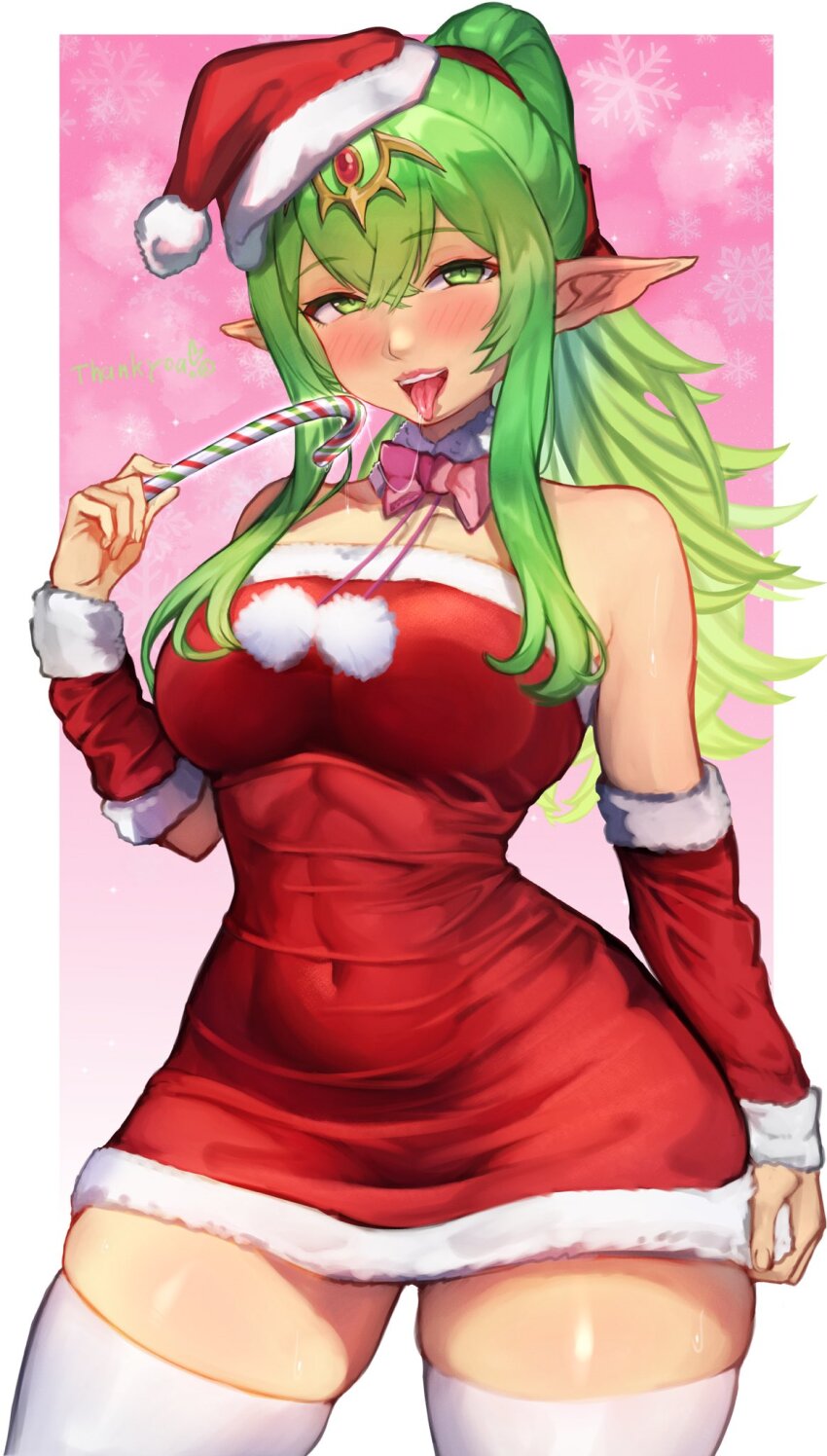 1girl bare_shoulders border breasts candy candy_cane commentary commentary_request covered_navel detached_sleeves dress english_commentary fire_emblem fire_emblem_awakening food fur-trimmed_dress fur-trimmed_sleeves fur_trim green_eyes green_pupils hat high_ponytail highres holding holding_candy holding_candy_cane holding_food large_breasts looking_at_viewer mixed-language_commentary naughty_face nintendo outside_border pink_background pointy_ears r123 red_dress red_hat red_sleeves saliva saliva_trail santa_costume santa_hat short_dress skindentation snowflake_background solo strapless strapless_dress thighhighs tiki_(adult)_(fire_emblem) tiki_(fire_emblem) tongue tongue_out white_border white_thighhighs