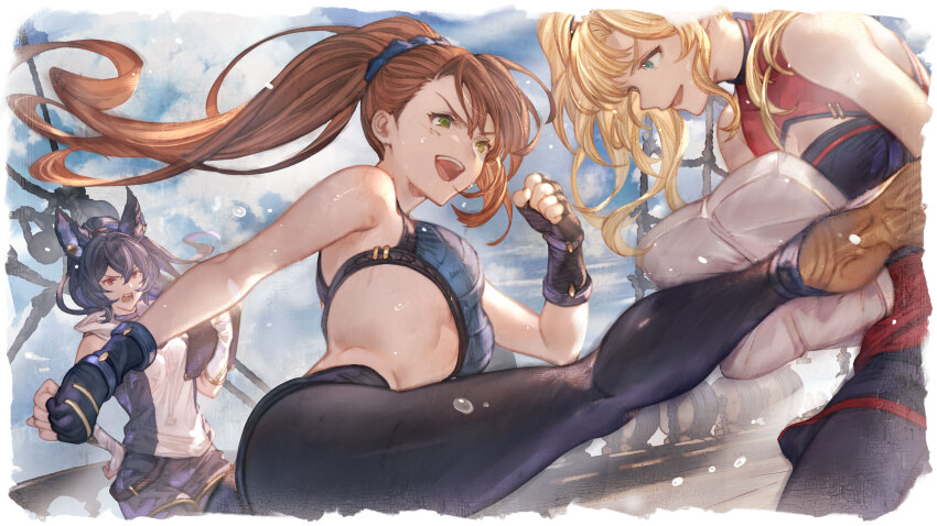 3girls :d absurdres angry animal animal_ears aqua_eyes bandaged_arm bandages beatrix_(granblue_fantasy) black_hair black_shorts blonde_hair blue_sky breasts brown_hair choker cleavage_cutout clenched_hand clothing_cutout cowboy_shot erune fighting fighting_stance fingerless_gloves floating_hair flying_sweatdrops gloves granblue_fantasy granblue_fantasy_versus:_rising green_eyes hair_between_eyes hand_on_own_hip high_kick highres hooded_shirt ilsa_(granblue_fantasy) kicking large_breasts leggings long_hair medium_breasts messy_hair minaba_hideo multiple_girls official_art open_mouth red_eyes ship shirt shorts shouting sky sleeveless sleeveless_shirt smile sparring sports_bra sportswear sweat third-party_source training turtleneck turtleneck_shirt twintails watercraft zeta_(granblue_fantasy)