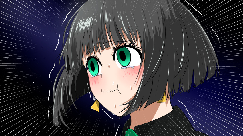 1girl :t absurdres allmind_(armored_core_vi) armored_core armored_core_vi:_fires_of_rubicon black_hair blunt_bangs earrings emphasis_lines flying_sweatdrops green_eyes highres jewelry level_herock portrait short_hair solo stifled_laugh sweat tearing_up wavy_mouth