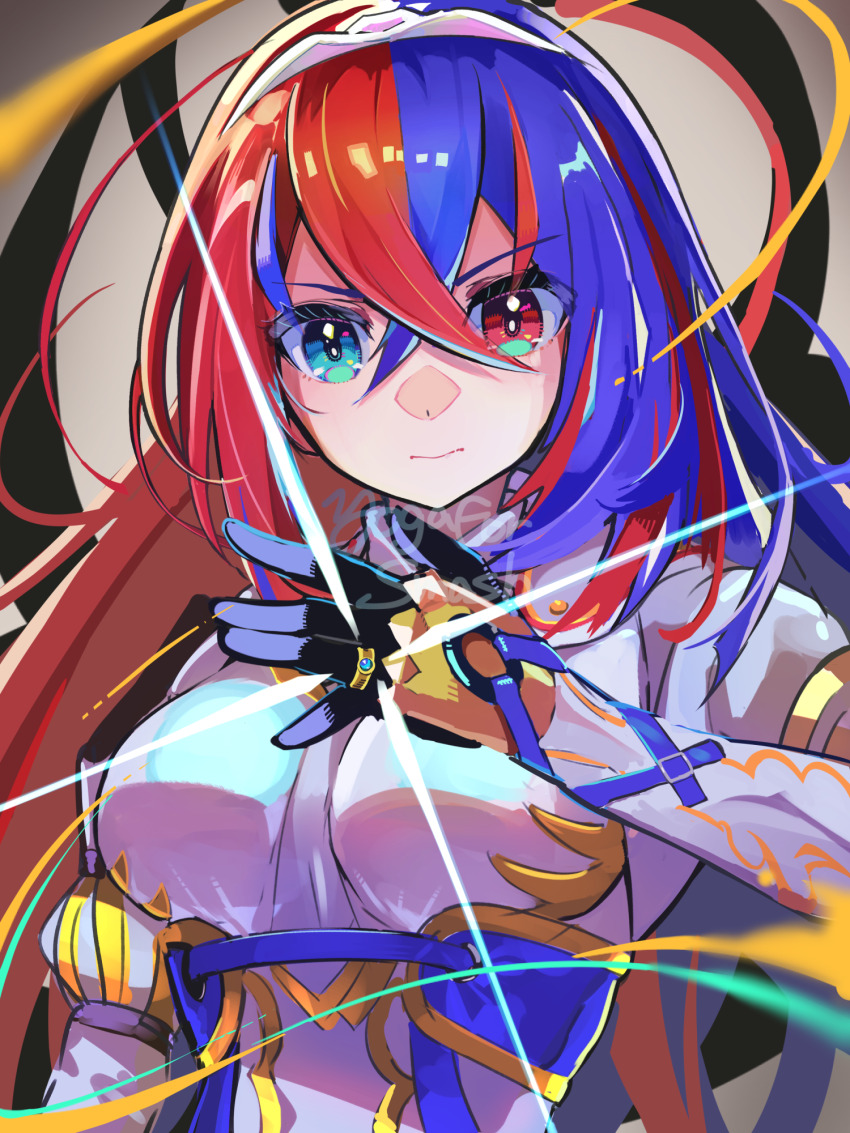 1girl alear_(female)_(fire_emblem) alear_(fire_emblem) armor blue_eyes blue_hair breasts crossed_bangs emblem_ring fire_emblem fire_emblem_engage gloves hair_between_eyes heterochromia highres hirotaka_(hrtk990203) jewelry long_hair looking_at_viewer medium_breasts multicolored_hair nintendo red_eyes red_hair ring serious solo split-color_hair tiara twitter_username two-tone_hair very_long_hair