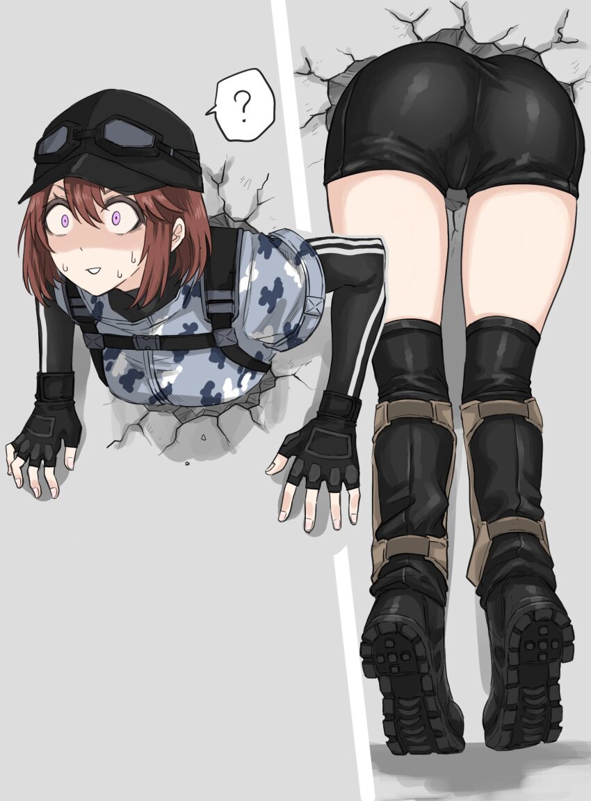 1girl ? ass baseball_cap bike_shorts boots brown_hair constricted_pupils fingerless_gloves fuku_(fuku12290574) gloves goggles goggles_on_headwear hat highres multiple_views original purple_eyes shaded_face short_hair spoken_question_mark stuck thighhighs through_wall