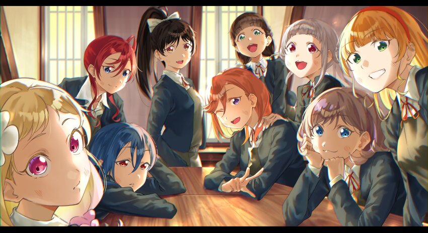 6+girls :3 absurdres arashi_chisato black_hair blonde_hair blue_eyes blue_hair blue_jacket blunt_bangs brown_hair bruise bruise_on_face collared_shirt commentary_request dress green_eyes grey_dress grey_hair hair_bun hairband hand_on_another&#039;s_shoulder hazuki_ren heanna_sumire highres indoors injury jacket long_hair long_sleeves looking_at_viewer love_live! love_live!_superstar!! multiple_girls neck_ribbon one_eye_closed onitsuka_natsumi open_mouth orange_eyes orange_hairband parted_lips pink_eyes ponytail purple_eyes red_eyes red_hair red_ribbon repurika ribbon sakurakoji_kinako school_uniform shibuya_kanon shirt short_hair sidelocks single_side_bun sitting smile tang_keke twintails upper_body w wakana_shiki white_shirt winter_uniform yoneme_mei yuigaoka_school_uniform