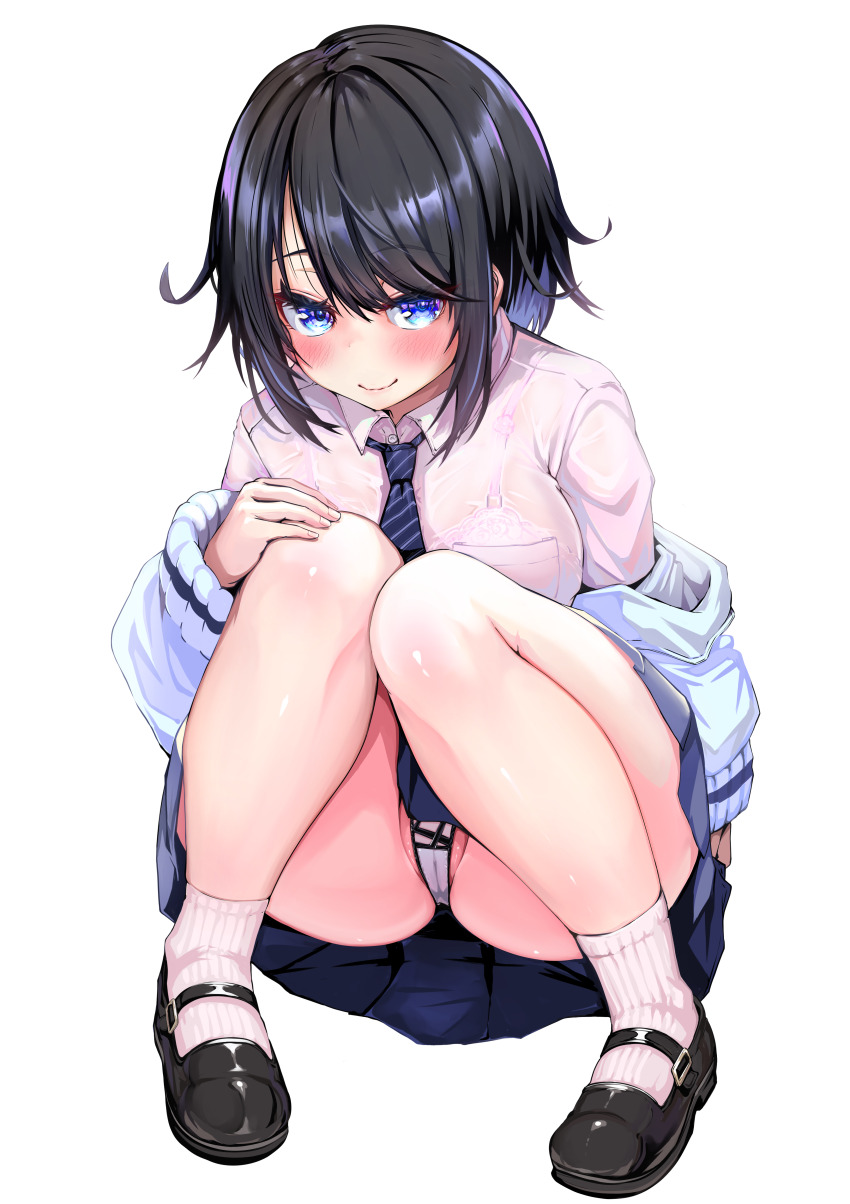 1girl absurdres black_footwear black_hair blue_eyes blue_skirt blush bra breasts commentary_request full_body highres jacket kajimakoto large_breasts looking_at_viewer necktie off_shoulder original panties pantyshot pink_bra see-through_clothes see-through_shirt shirt short_hair skirt smile solo squatting striped_necktie underwear wet wet_clothes white_jacket white_panties white_shirt