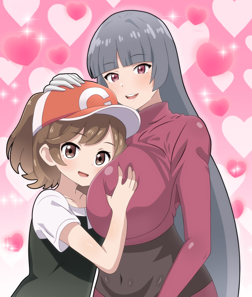 1girl absurdres age_difference arm_at_side baseball_cap between_breasts black_bodysuit black_shirt blunt_bangs bodystocking bodysuit bodysuit_under_clothes breast_smother breasts brown_eyes brown_hair creatures_(company) elaine_(pokemon) face_between_breasts face_to_breasts game_freak gloves grabbing_another&#039;s_breast groping hand_on_another&#039;s_head hand_up hat head_between_breasts highres hime_cut hitokiwa_kenchin jacket large_breasts long_hair long_sleeves nintendo pencil_skirt poke_ball_theme pokemon pokemon_frlg pokemon_lgpe ponytail red_eyes red_jacket red_skirt sabrina_(pokemon) shirt short_sleeves skirt smile turtleneck turtleneck_jacket upper_body white_gloves white_sleeves yuri