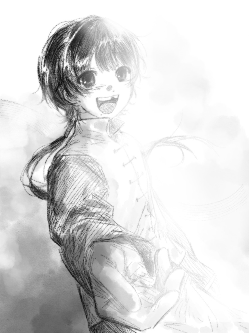 1boy :d chinese_clothes collared_shirt greyscale highres long_hair long_sleeves looking_at_viewer male_focus missing_tooth mole mole_under_mouth monochrome open_mouth ponytail reaching reaching_towards_viewer shirt smile solo touqi_guaitan upper_body xiang_la_shi_de_hema_233 ziche_fuqing