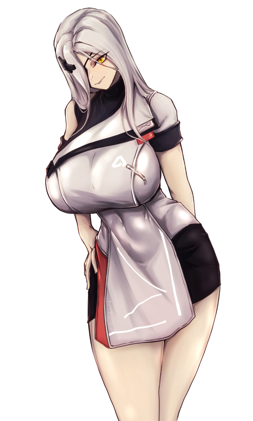 1girl absurdres alchemist_(girls&#039;_frontline) arm_behind_back breasts closed_mouth eyepatch feet_out_of_frame girls&#039;_frontline girls&#039;_frontline_2:_exilium hair_over_eyes hand_on_back hand_on_own_hip highres large_breasts long_hair looking_at_viewer silver_hair solo standing uniform white_background yellow_eyes zer0.zer0