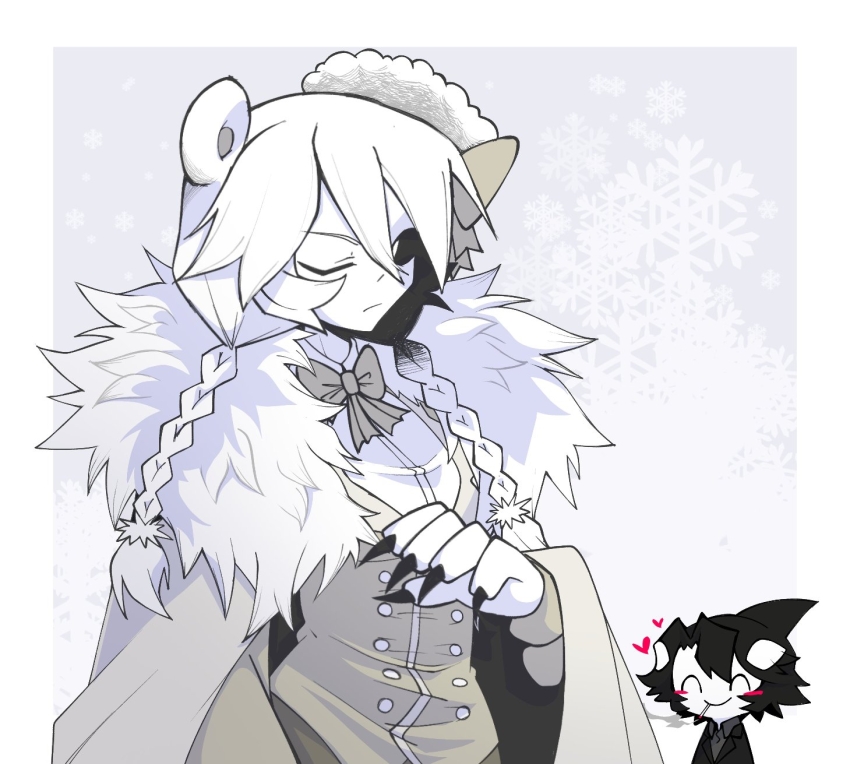 1boy 1girl ^_^ animal_ears bear_claws bear_ears bear_girl black_hair black_sclera black_suit border bow bowtie braid buttons cassius000 cigarette claws closed_eyes closed_mouth coat collared_shirt colored_sclera colored_skin fins formal_clothes funamusea fur-trimmed_coat fur_hat fur_trim green_bow green_coat green_vest grey_background hair_bow hat head_fins highres ice_scream idate_(funamusea) long_hair looking_at_viewer multicolored_hair one_eye_closed orca_boy rocma_(funamusea) shirt short_hair smile smoking suit twin_braids vest white_border white_eyes white_hair white_shirt white_skin