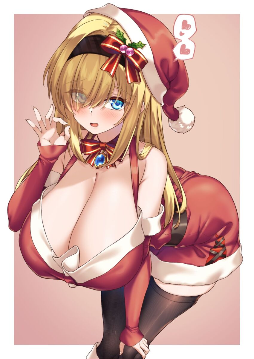 1girl bent_over blonde_hair blue_eyes border breasts christmas cleavage commission detached_sleeves dress fellatio_gesture gem hair_ornament hair_over_one_eye hairband hand_on_own_knee hat heart highres huge_breasts long_hair looking_at_viewer open_mouth original pink_background pixiv_commission red_dress santa_costume santa_dress santa_hat shirokuma_a sidelocks simple_background smile solo spoken_heart standing