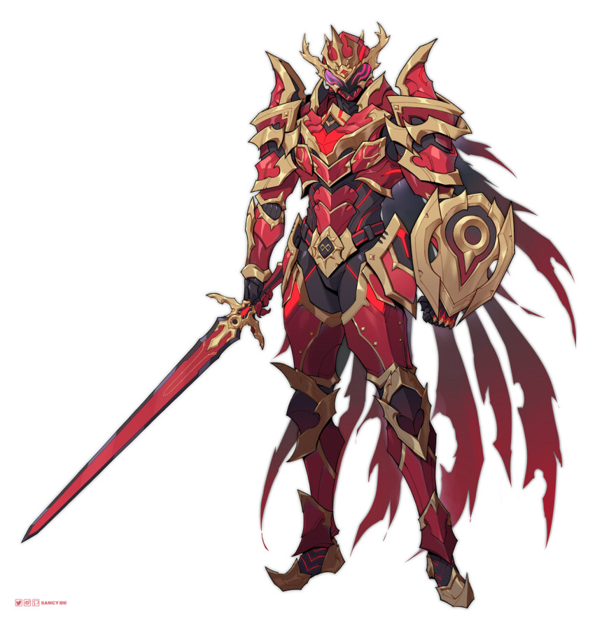 armor artist_name buckler cape evil_king_(king-ohger) full_body highres holding holding_sword holding_weapon knight ohsama_sentai_king-ohger pixiv_logo shield simple_background solo super_sentai sword tongzhen_ganfan torn_cape torn_clothes twitter_logo weapon white_background